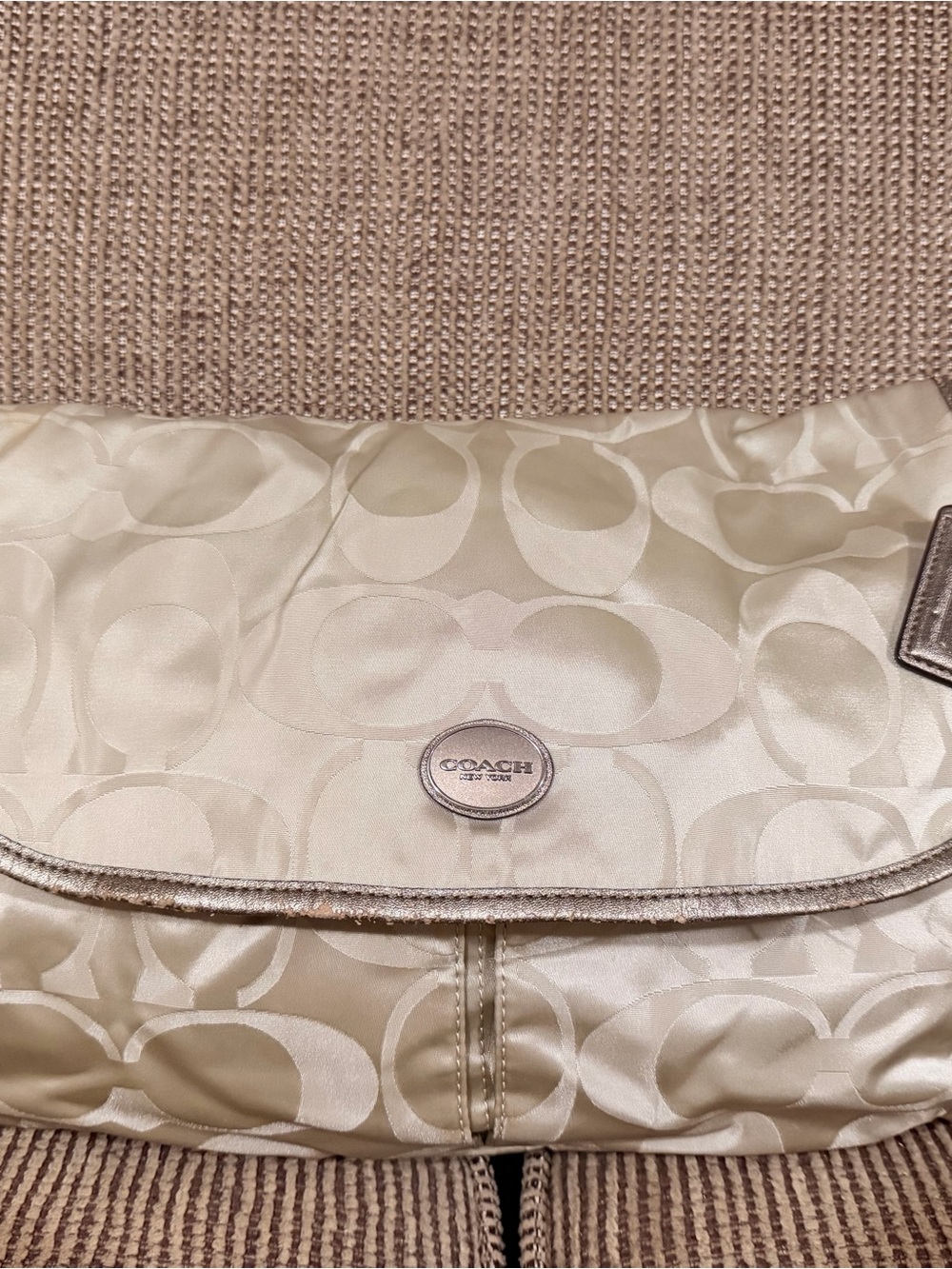 Coach Satin Signature Flap Shoulder Bag in Cream